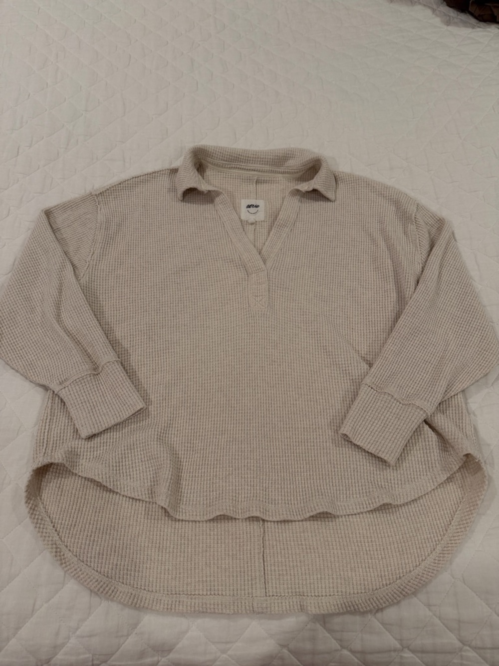 aerie Waffle-Knit Collared Pullover - Cream